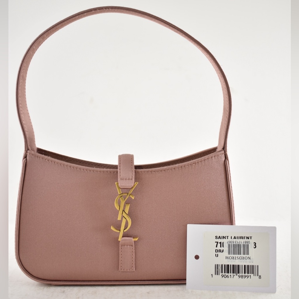 Saint Laurent Mini Le 5 A 7 Hobo Dragee Pink Satin Gold YSL Logo Top Handle Bag - Picture 2 of 16